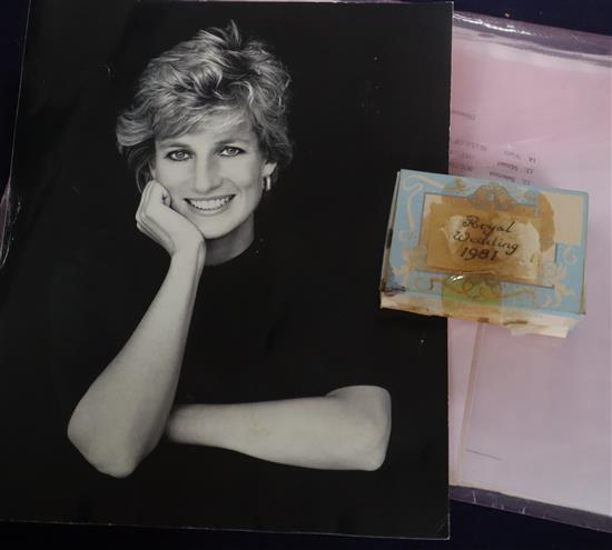 Princess Diana and Prince Charles Wedding 1981 - a piece of wedding cake and letters related to the Welsh Guards including a letter fr